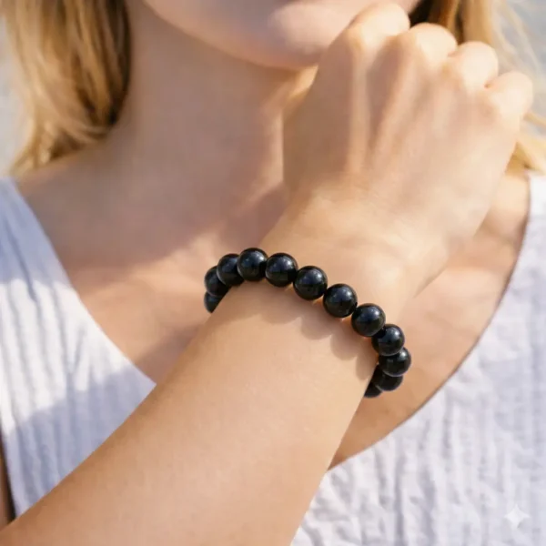 Bracelet en Obsidienne noire naturelle sur poignet femme, perles au poli miroir d'un noir profond et intense, fait main en France avec fil élastique multibrin.