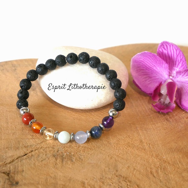 Photo Bracelet 7 chakras pierre de lave en pierre naturelle, bijou fait main