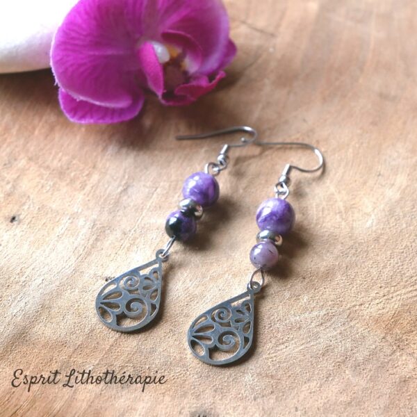 Photo Boucles d'oreilles Charoïte en pierre naturelle