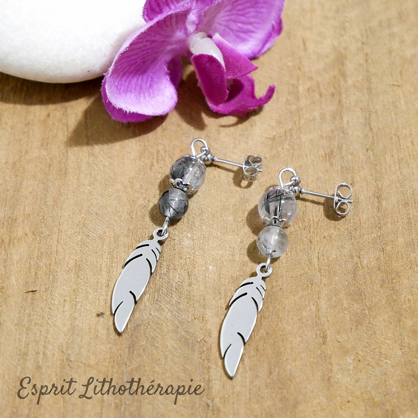 Photo Boucles d'oreilles Quartz rutile noir en pierre naturelle