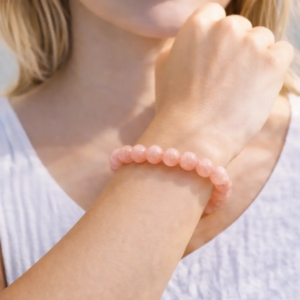 Bracelet en Pierre de Soleil Pêche naturelle porté au poignet, perles aux nuances abricot translucides avec inclusions pailletées, montage artisanal.