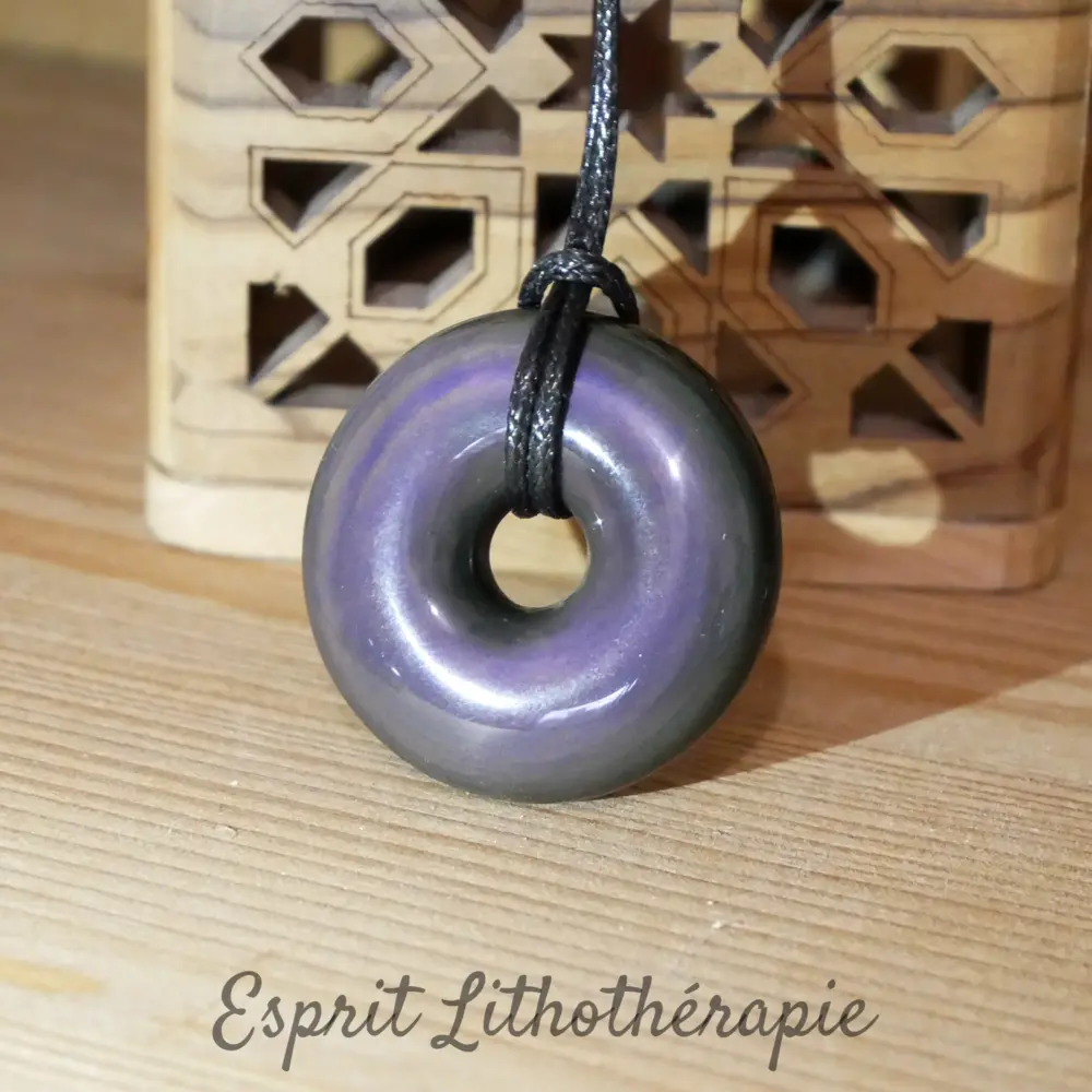 Pendentif Donut en Obsidienne Oeil Céleste naturelle monté sur cordon ou chaine avec taille au choix.