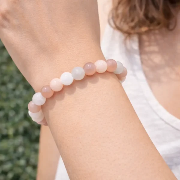 Bracelet en pierre de lune multicolore naturelle portée au poignet montrant les reflets opalescent