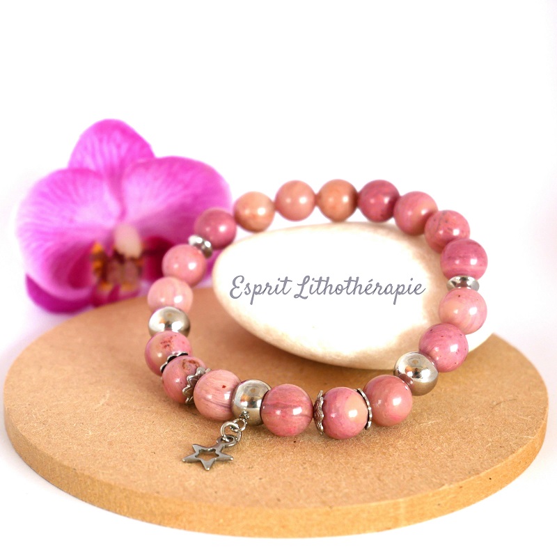 Photo Bracelet en Rhodonite rose en pierre naturelle, bijou fait main
