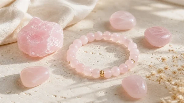 Bracelet et pierres de quartz rose naturel dans une ambiance douce et lumineuse