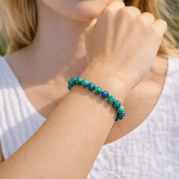 Bracelet en azurite-malachite naturelle porté au poignet