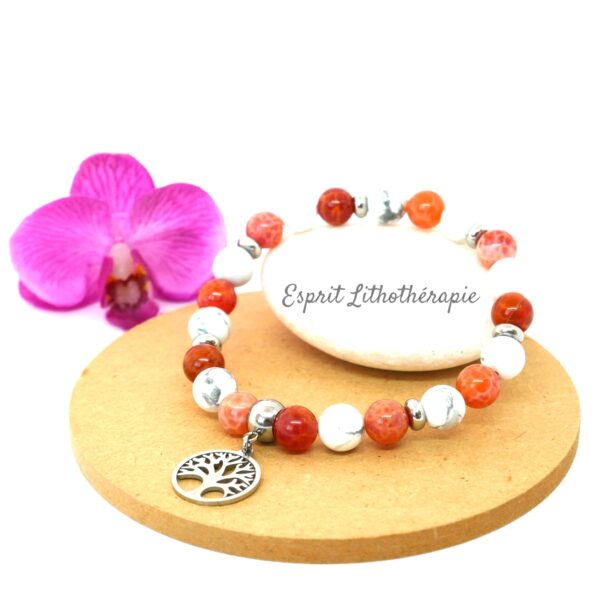 Photo Bracelet Agate feu et Howlite en pierre naturelle, bijou fait main