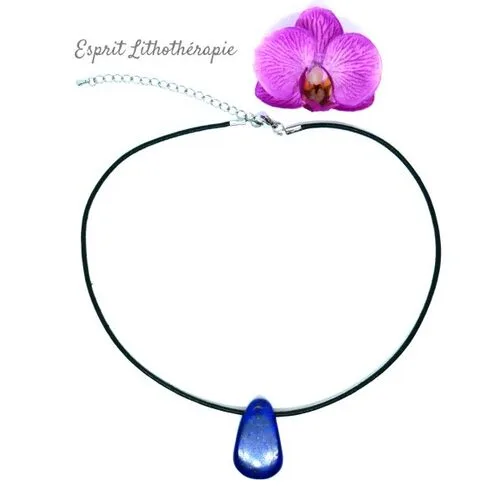 Pendentif en Lapis Lazuli naturel monté sur cordon coton ciré – pierre bleue de sagesse et de communication