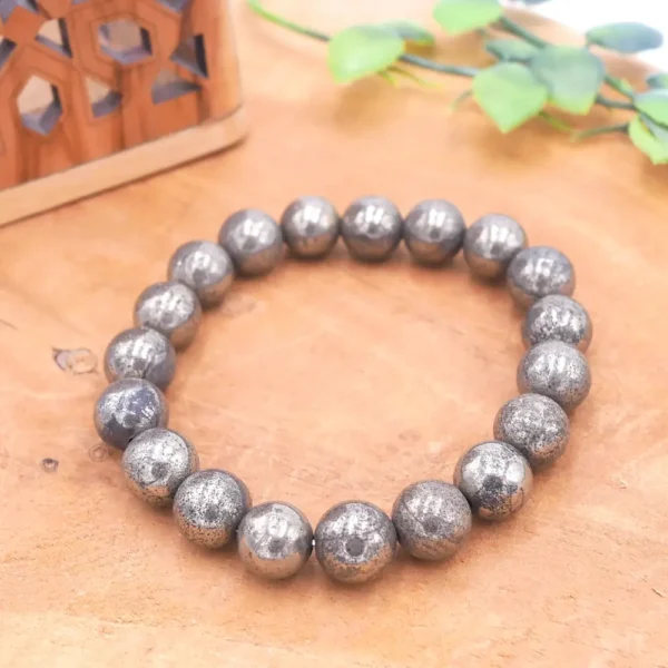 Bracelet en Pyrite naturelle non teintée aux perles rondes à l’éclat métallique
