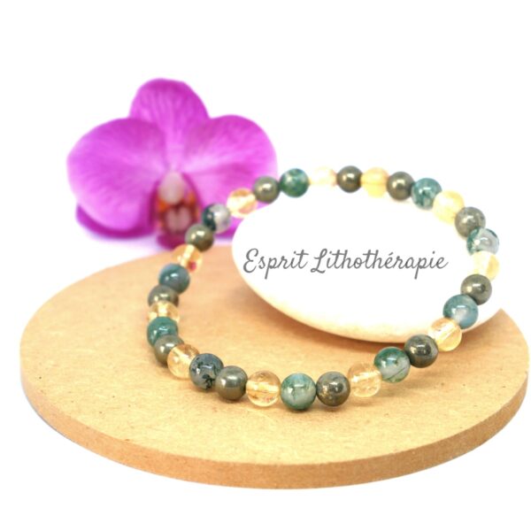 Photo Bracelet Agate mousse, Citrine naturelle et Pyrite en pierre naturelle, bijou fait main