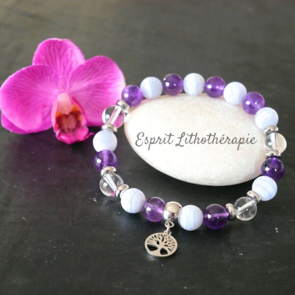 Photo Bracelet Améthyste Calcédoine bleue et Cristal de roche en pierre naturelle, bijou fait main