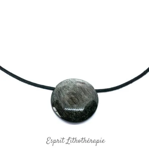 Pendentif en Obsidienne Argentée naturelle avec cordon réglable, pierre de protection