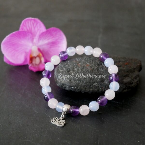 Photo Bracelet Améthyste, Calcédoine, Quartz rose en pierre naturelle, bijou fait main