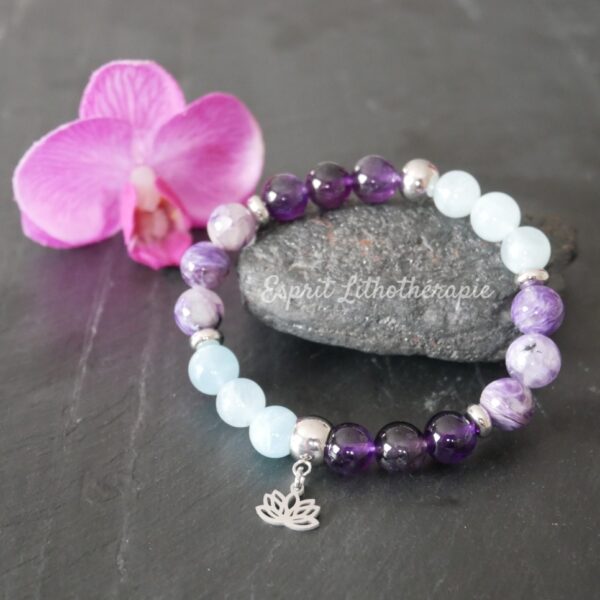 Photo Bracelet Aigue marine, Améthyste, Charoïte en pierre naturelle, bijou fait main