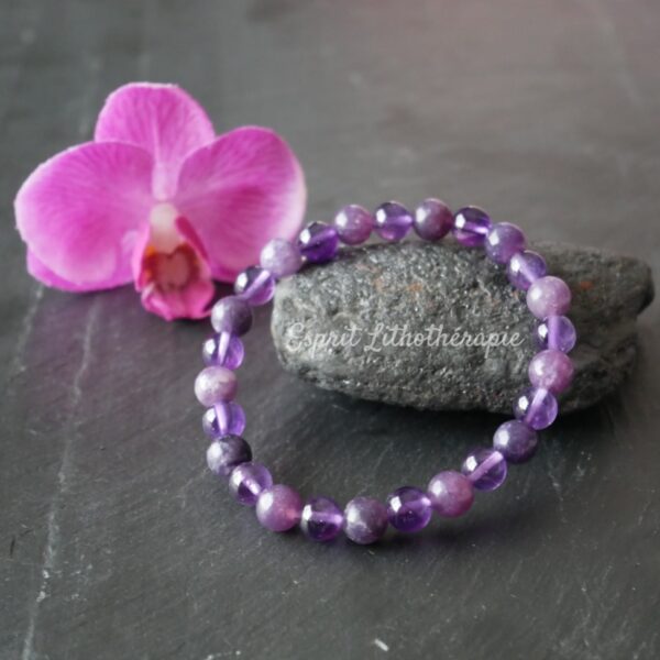 Photo Bracelet Améthyste et Lépidolite en pierre naturelle, bijou fait main