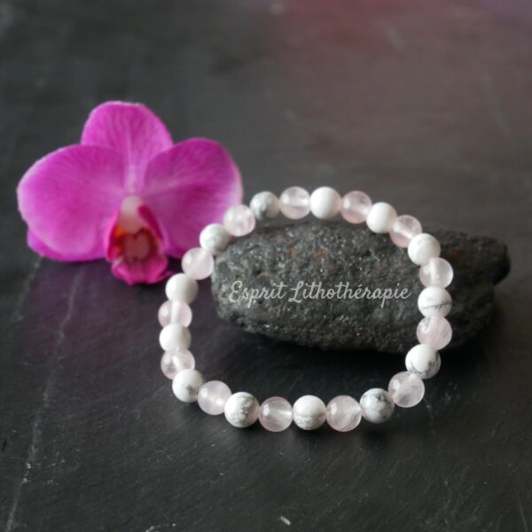 Photo Bracelet Howlite et Quartz rose en pierre naturelle, bijou fait main