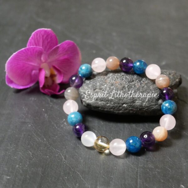 Photo Bracelet Améthyste, Apatite, Citrine, Pierre de lune, Quartz rose en pierre naturelle, bijou fait main