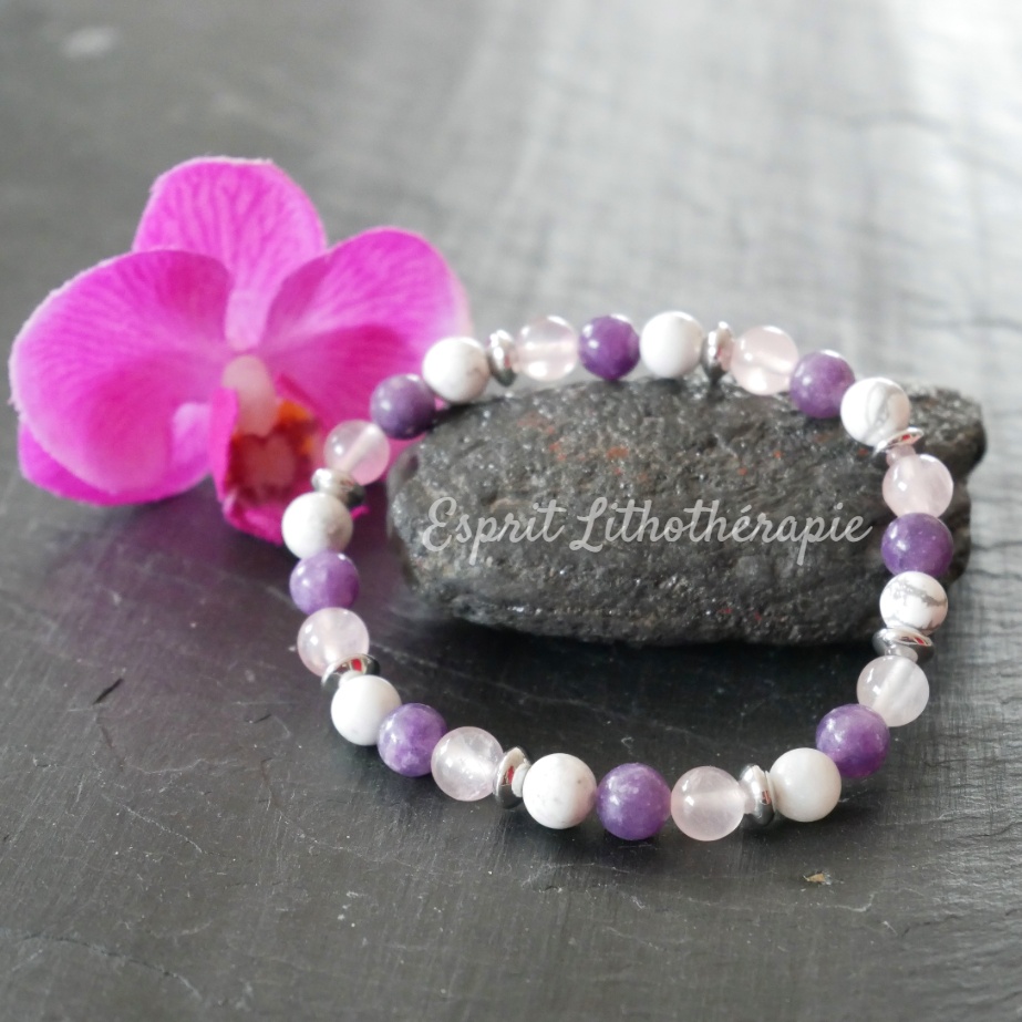 Photo Bracelet Howlite, Lépidolite et Quartz rose en pierre naturelle, bijou fait main
