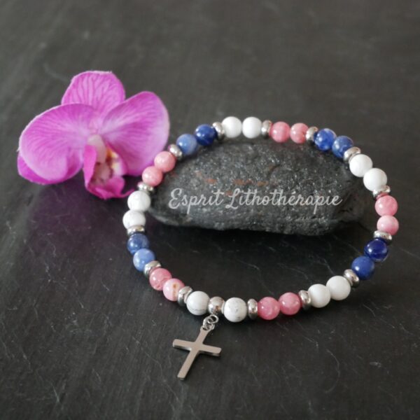 Photo Bracelet Howlite, Rhodochrosite et Sodalite en pierre naturelle, bijou fait main