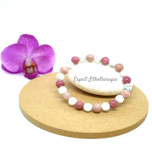 Photo Bracelet Howlite et Rhodonite rose en pierre naturelle, bijou fait main
