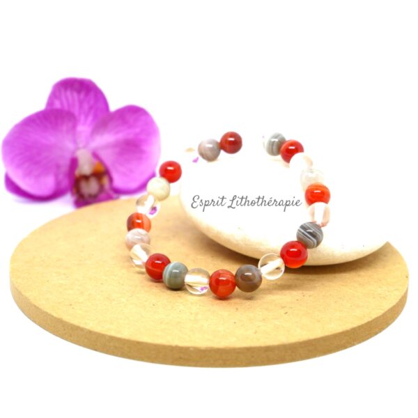 Photo Bracelet Agate du Botswana, Cornaline et Cristal de roche en pierre naturelle, bijou fait main