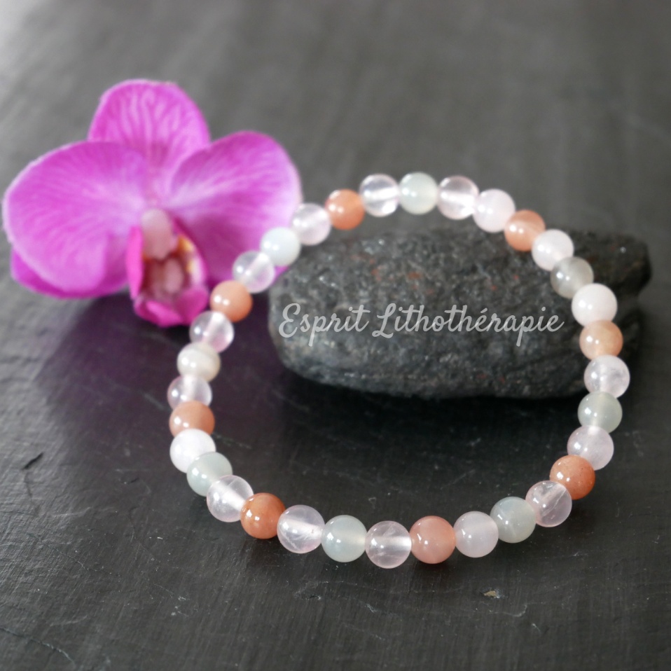 Bracelet en pierre de lune et quartz rose naturels fait main