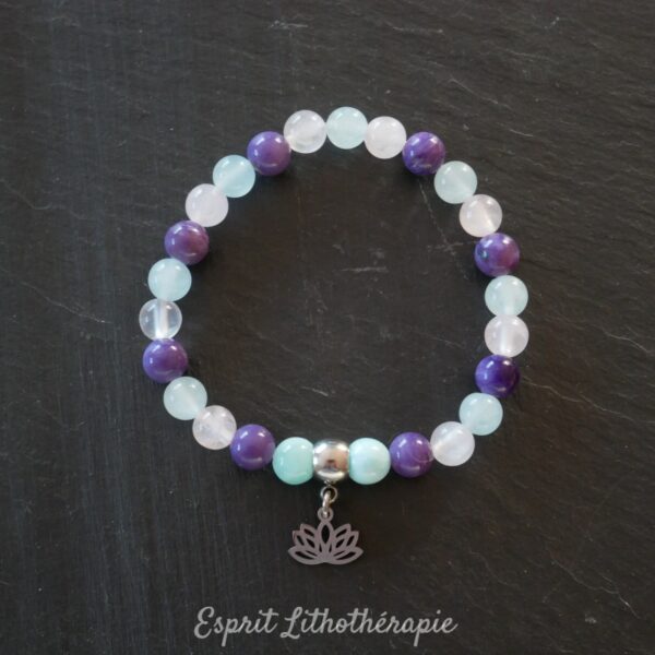 Photo Bracelet Aigue-marine, Charoïte et Quartz rose en pierre naturelle, bijou fait main