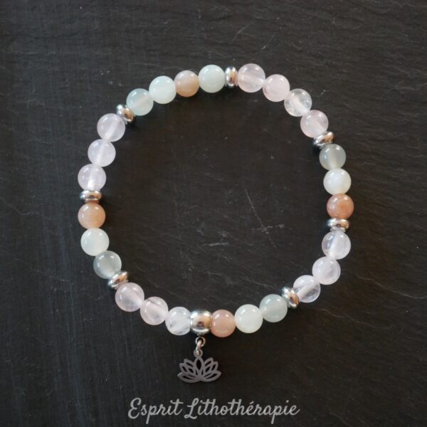 Photo Bracelet Pierre de lune et Quartz rose en pierre naturelle, bijou fait main