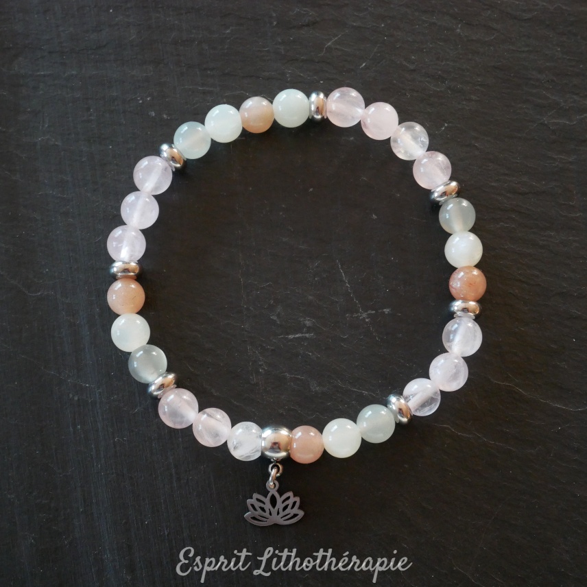 Photo Bracelet Pierre de lune et Quartz rose en pierre naturelle, bijou fait main
