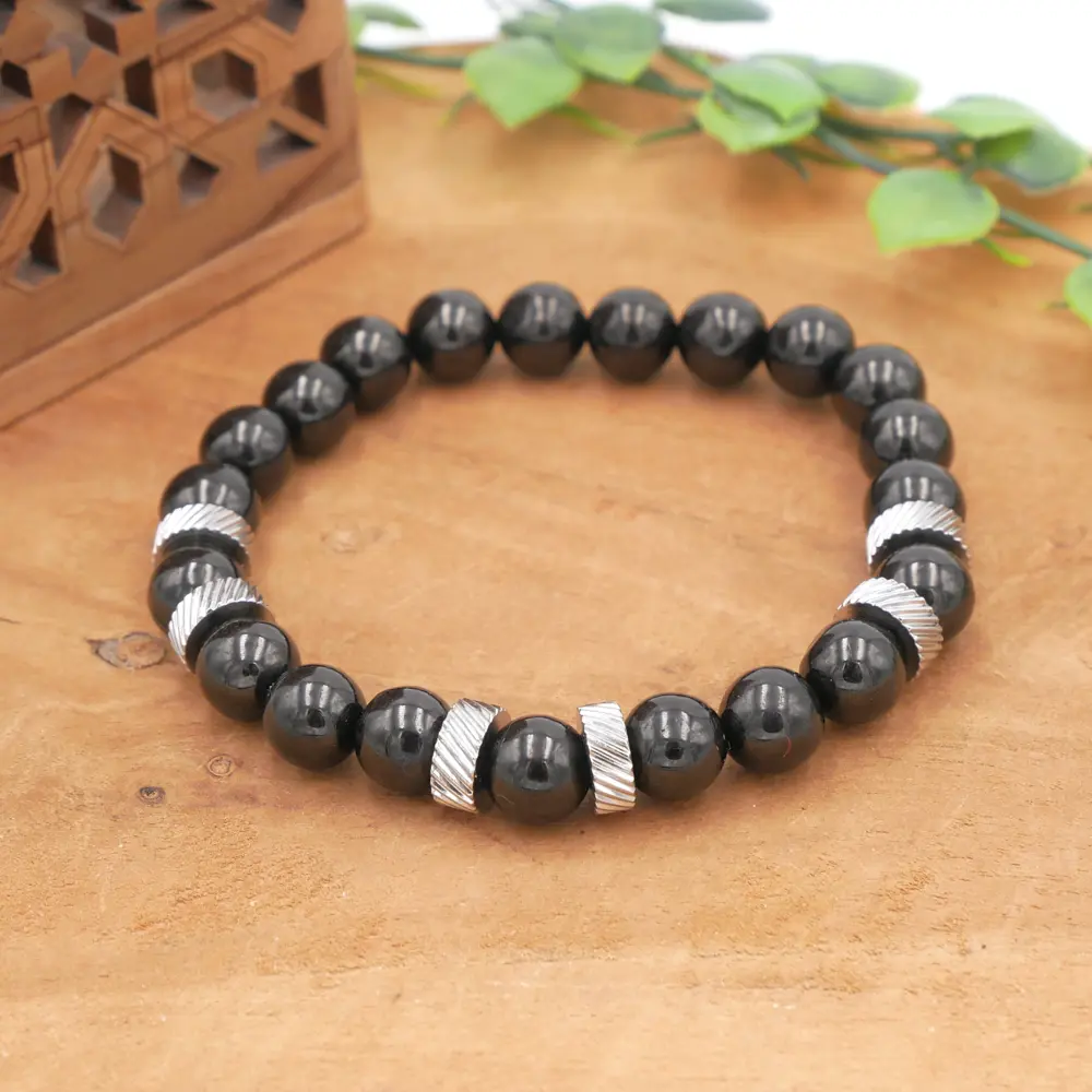 Bracelet homme en jais naturel et acier inoxydable
