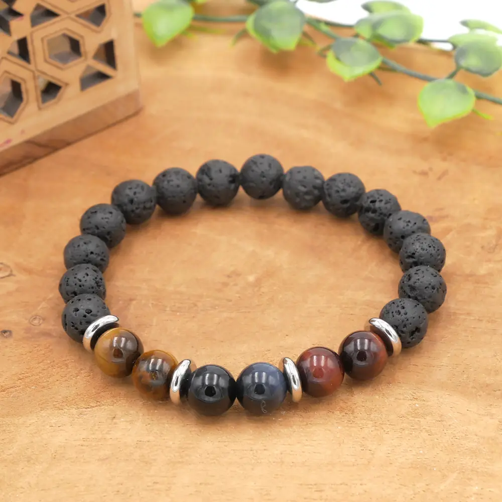 Photo Bracelet Œil de Faucon, Tigre & Taureau en pierre naturelle, bijou fait main