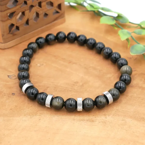 Bracelet homme en obsidienne dorée et acier inoxydable