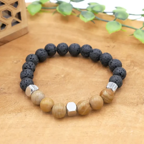 Photo Bracelet Jaspe bois et Pierre de Lave en pierre naturelle, bijou fait main