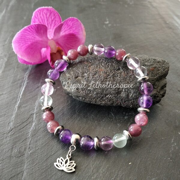 Photo Bracelet Améthyste, Fluorite, Lépidolite en pierre naturelle, bijou fait main