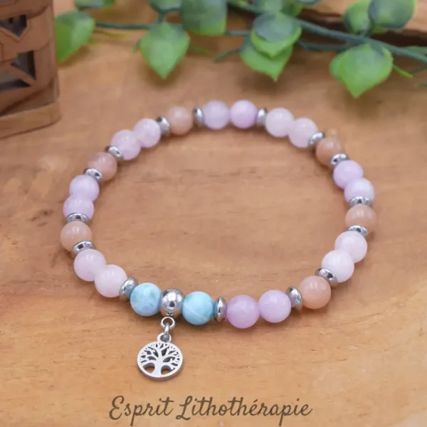 Photo Bracelet Kunzite, Larimar, Morganite, Pierre de soleil en pierre naturelle, bijou fait main