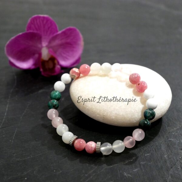 Photo Bracelet Chrysocolle, Howlite, Pierre de lune, Quartz rose, Rhodochrosite en pierre naturelle, bijou fait main