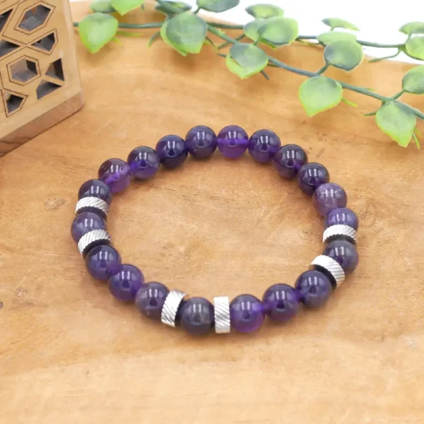 Bracelet homme en améthyste naturelle avec intercalaires en acier inoxydable