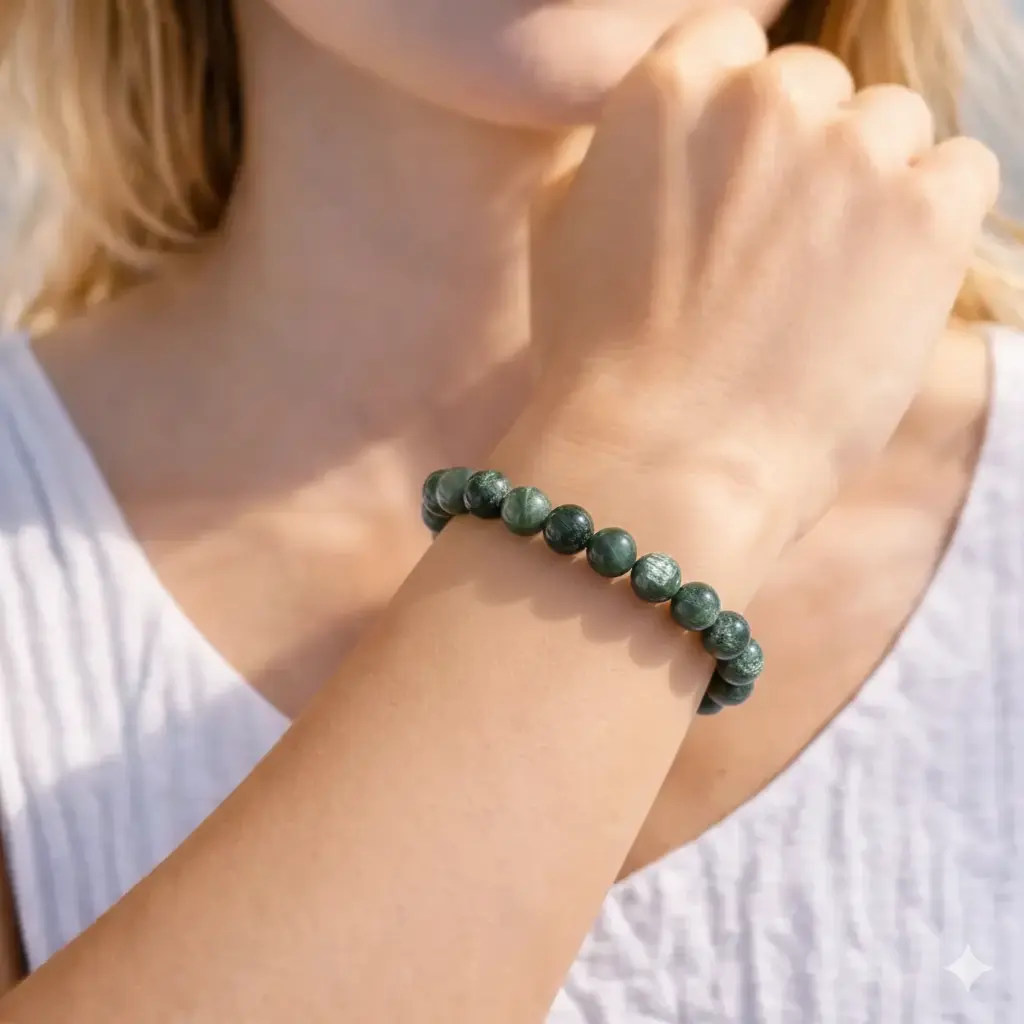 Bracelet en séraphinite naturelle aux reflets argentés porté au poignet par un mannequin