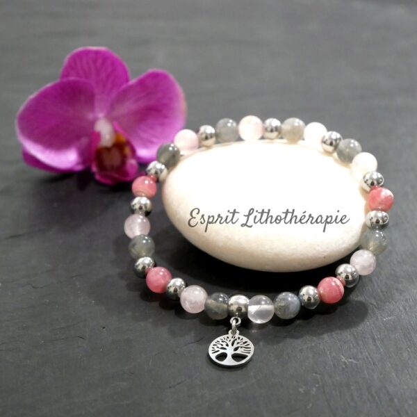 Photo Bracelet Labradorite, Quartz rose, Rhodochrosite en pierre naturelle, bijou fait main
