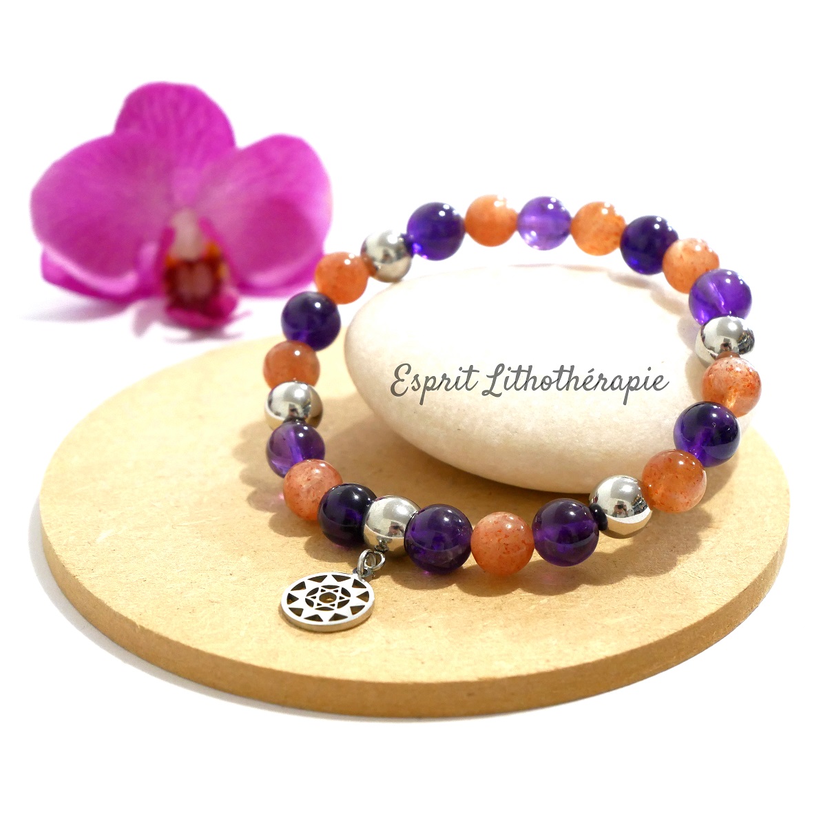 Photo Bracelet Améthyste, Pierre de soleil en pierre naturelle, bijou fait main