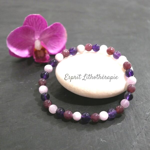 Photo Bracelet Améthyste, Kunzite, Lépidolite en pierre naturelle, bijou fait main