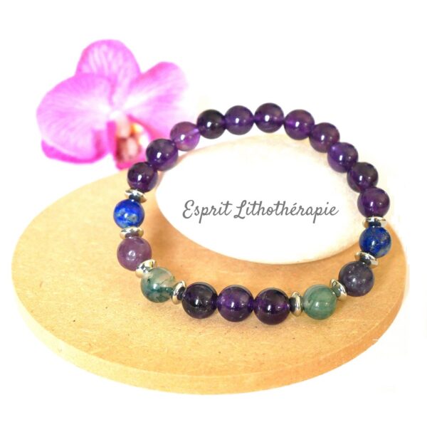Photo Bracelet Améthyste, Agate mousse, Lapis Lazuli, Lépidolite en pierre naturelle, bijou fait main