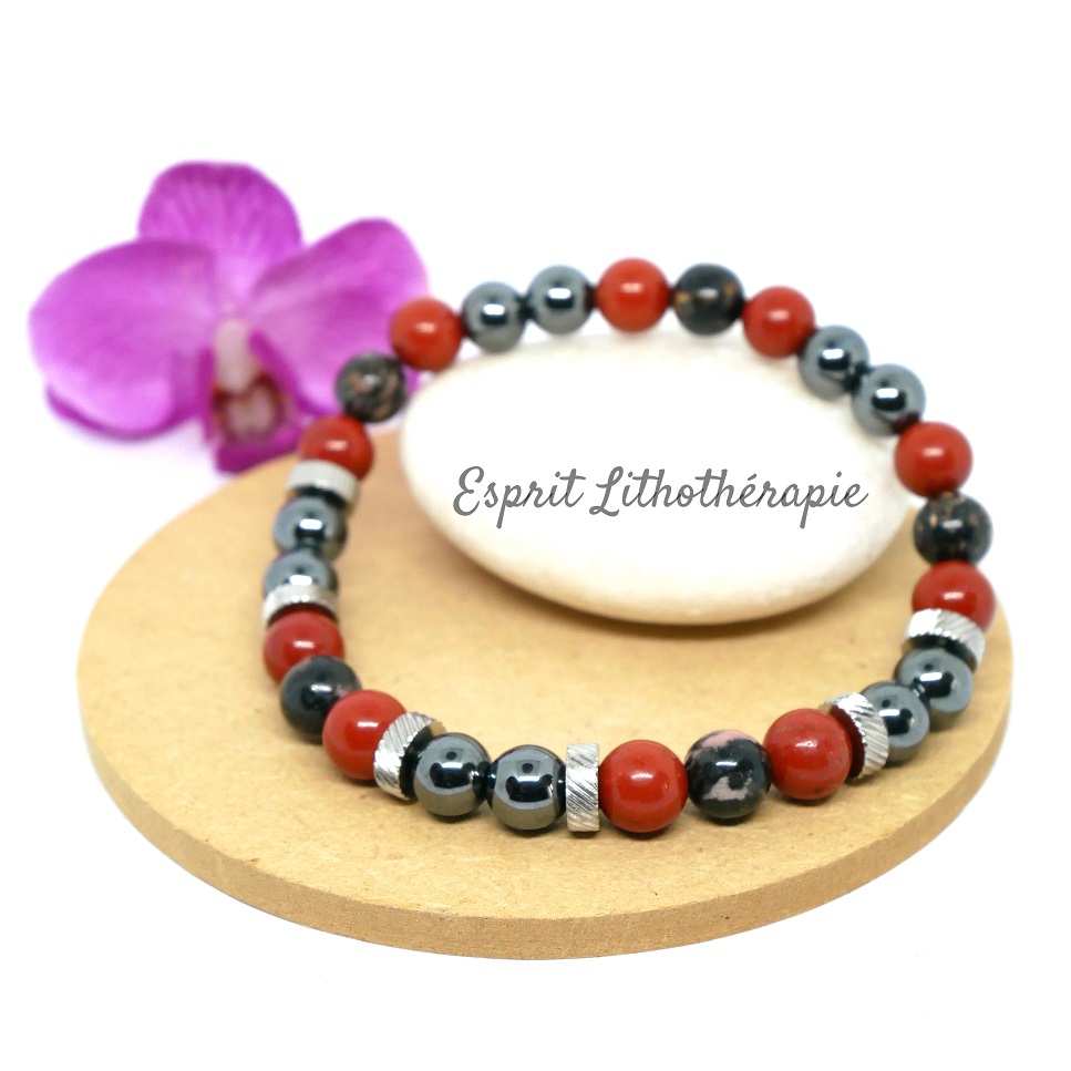 Photo Bracelet Hématite, Jaspe rouge, Rhodonite en pierre naturelle, bijou fait main