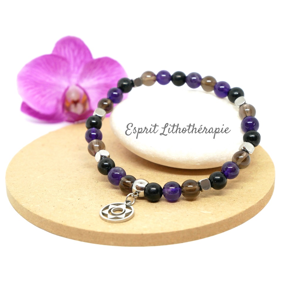 Photo Bracelet Améthyste, Jais, Quartz fumé en pierre naturelle, bijou fait main