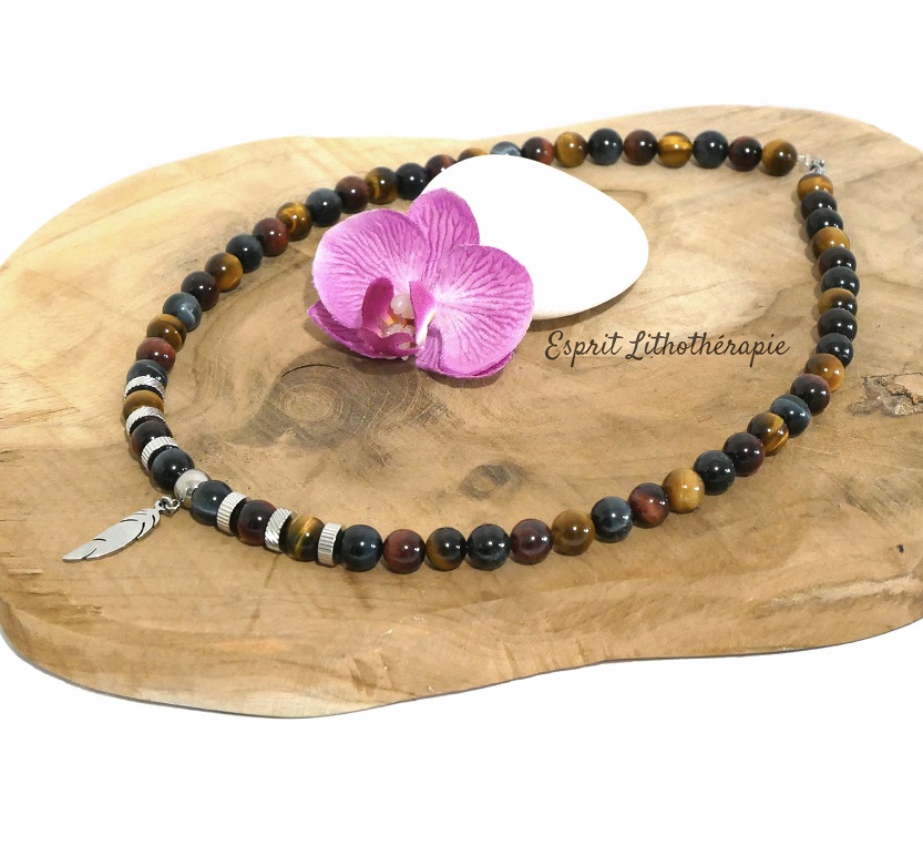 Photo Collier - Œil de Faucon, Œil de Tigre, Œil de Taureau en pierre naturelle, bijou fait main