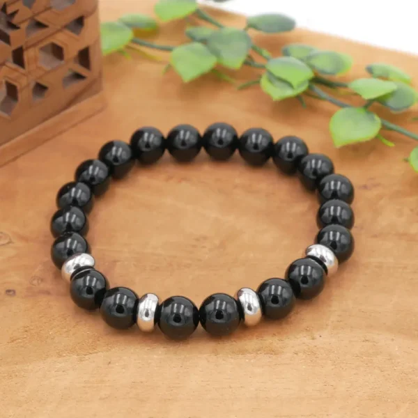 Bracelet homme en obsidienne noire avec perles séparatrices en acier inoxydable