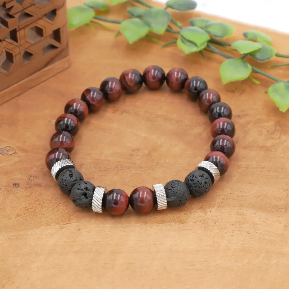 Bracelet homme en œil-de-taureau et pierre de lave avec perles séparatrices en acier inoxydable