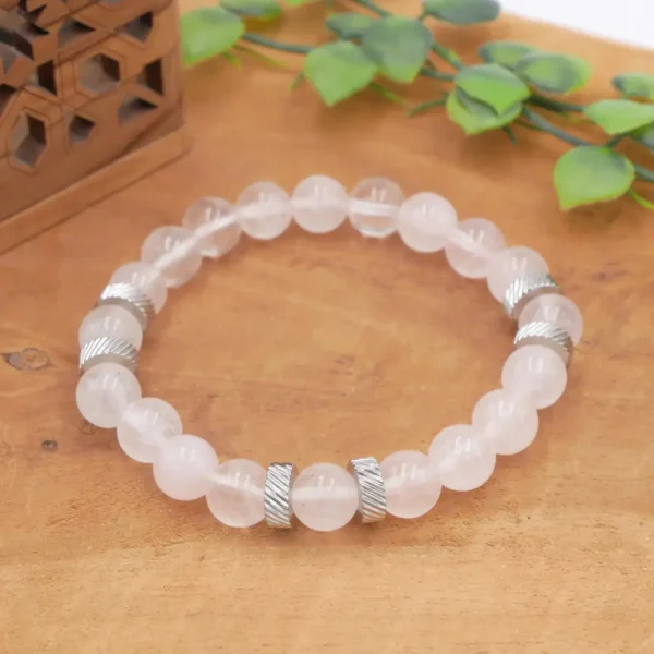 Bracelet homme en quartz rose avec perles séparatrices en acier inoxydable