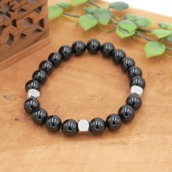 Bracelet homme en tourmaline noire avec perles séparatrices en acier inoxydable