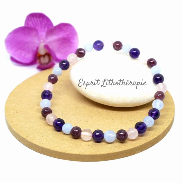 Photo Bracelet Améthyste, Agate dentelle, Lépidolite, Quartz rose en pierre naturelle, bijou fait main
